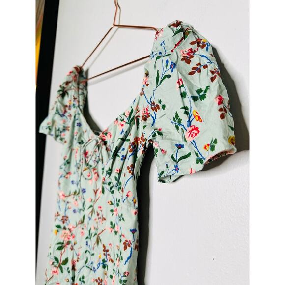 L. K. BENNETT Mint Green Floral Phelia Puff Sleeve Sweetheart Midi Dress Size 4 - Picture 10 of 11